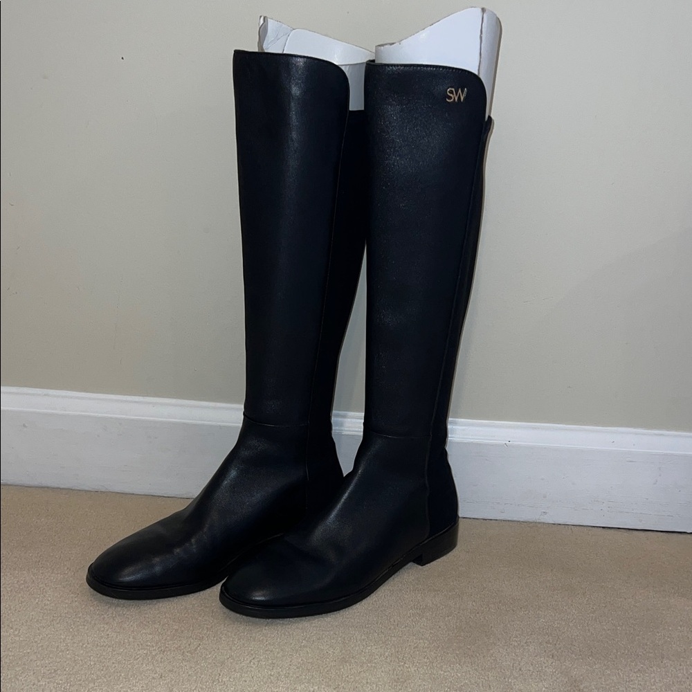 Stuart Weitzman Black Leather Boots with Gold Accent